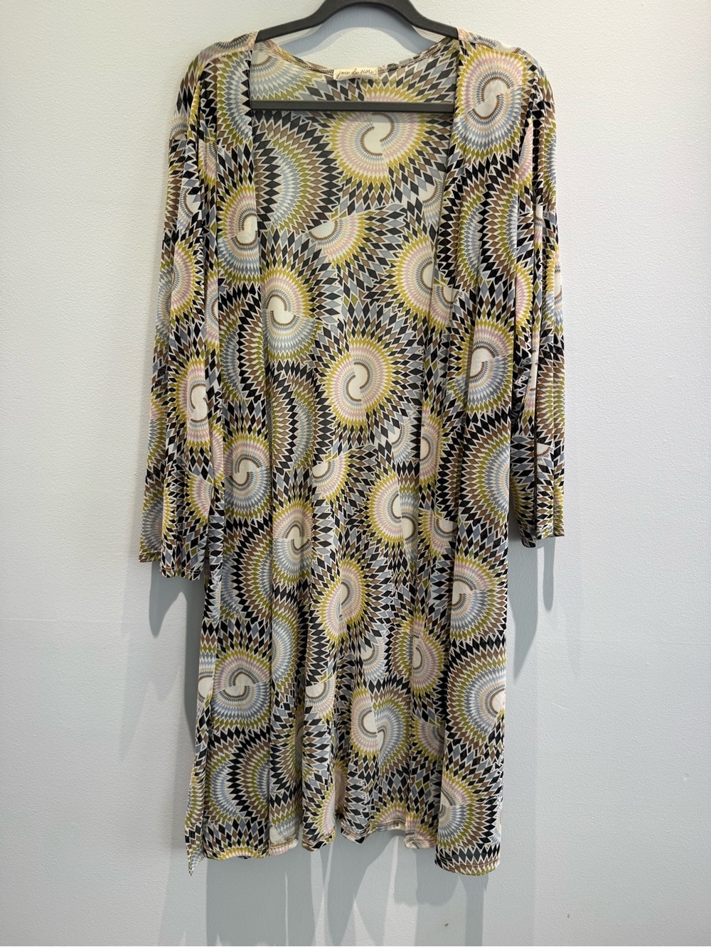 Long Sleeve Spiral Print duster cardigan in Black, Cream & Yellow